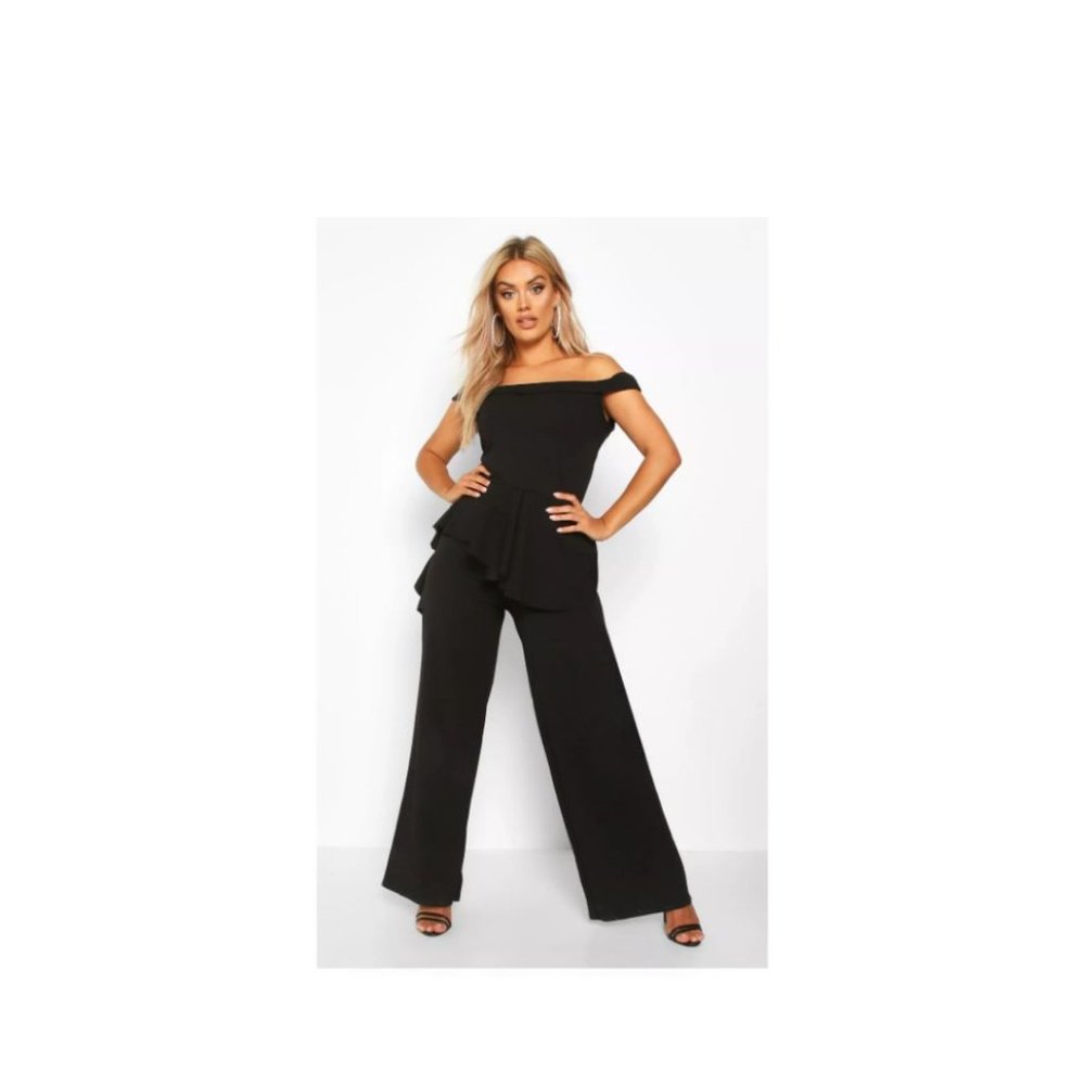 Boohoo Black Plus Off-Shoulder Ruffle Peplum Jumpsuit Size 20 NWT